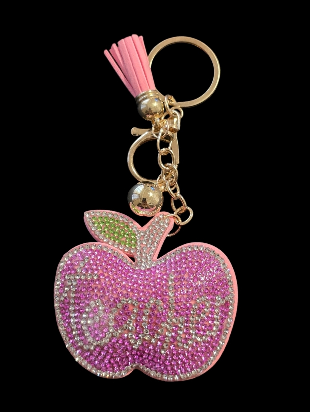 Pink Apple Crystal Bag Charm Keychain with Tassel - Cute Women's Accessory
